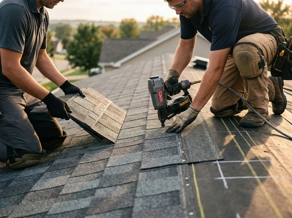 Professional roofer working on a residential roof in Harlingen